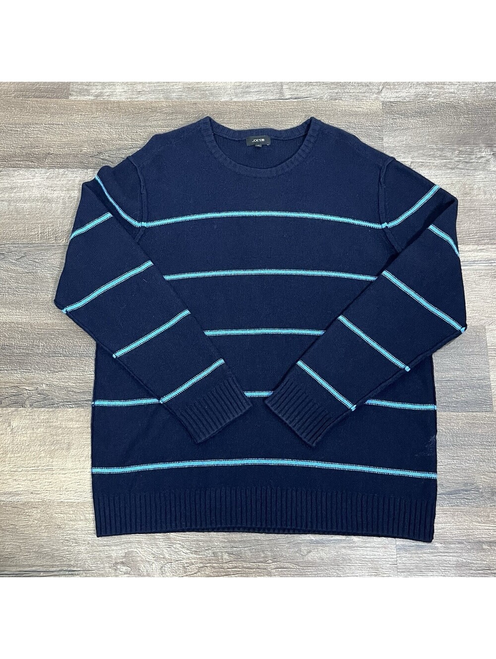 Joe’s Jeans Men’s XL Cashmere Wool Blend Navy Blue Stripe Crew Neck Sweater